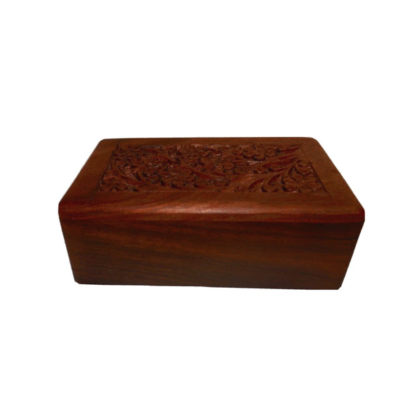 Handcarved Floral Keepsake Wood Jewelry Box With Slide open Bottom - Picture 3 of 16